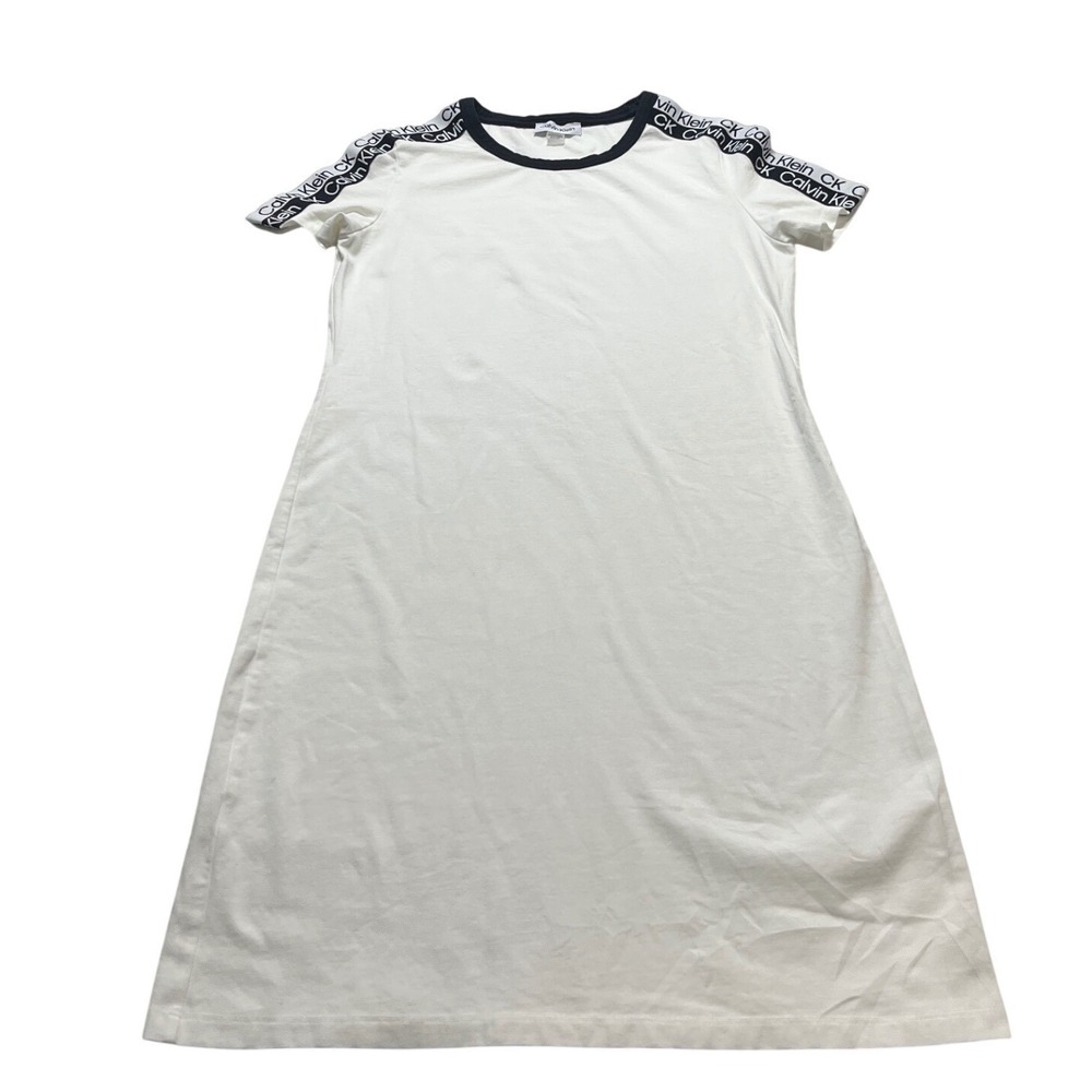 Calvin Klein Womens Small White Logo Tape Short Sleeve T-Shirt Dress Black Trim